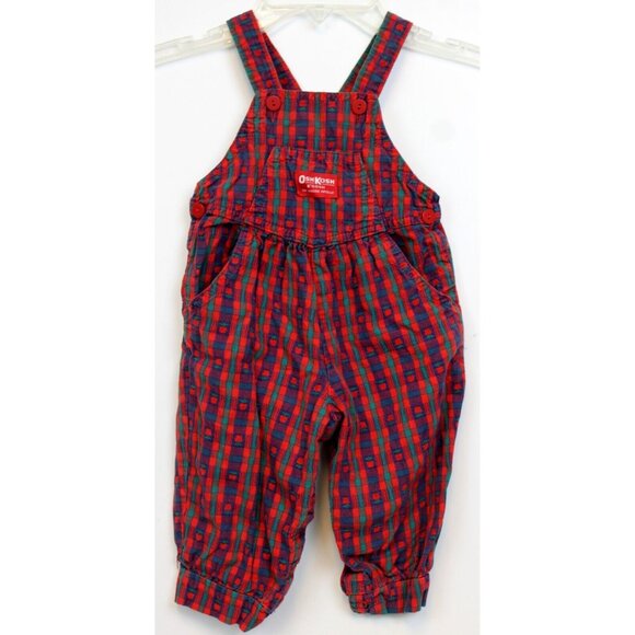 Vtg 1980s OshKosh B'Gosh Overalls Woven Plaid Red Apples Girls sz 18 Months Fall - Picture 1 of 10
